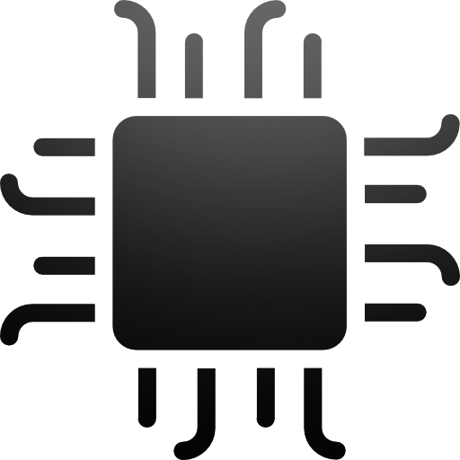 Black microchip with multiple metallic pins on each side.