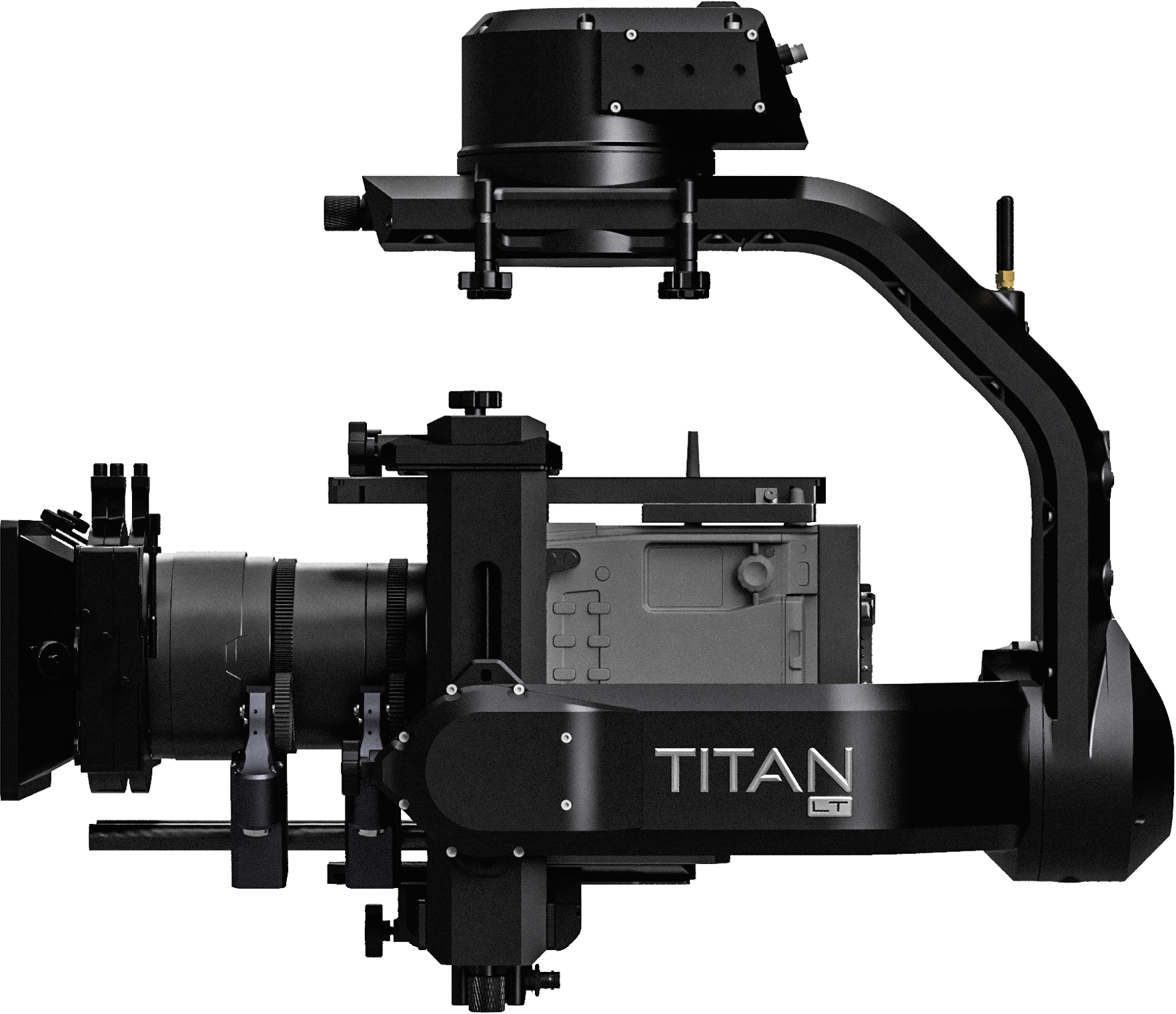 Close-up of a Titan LT precision robotic system in black color, featuring a camera, lens, and mechanical components, with the logo 'TITAN LT' on the side.