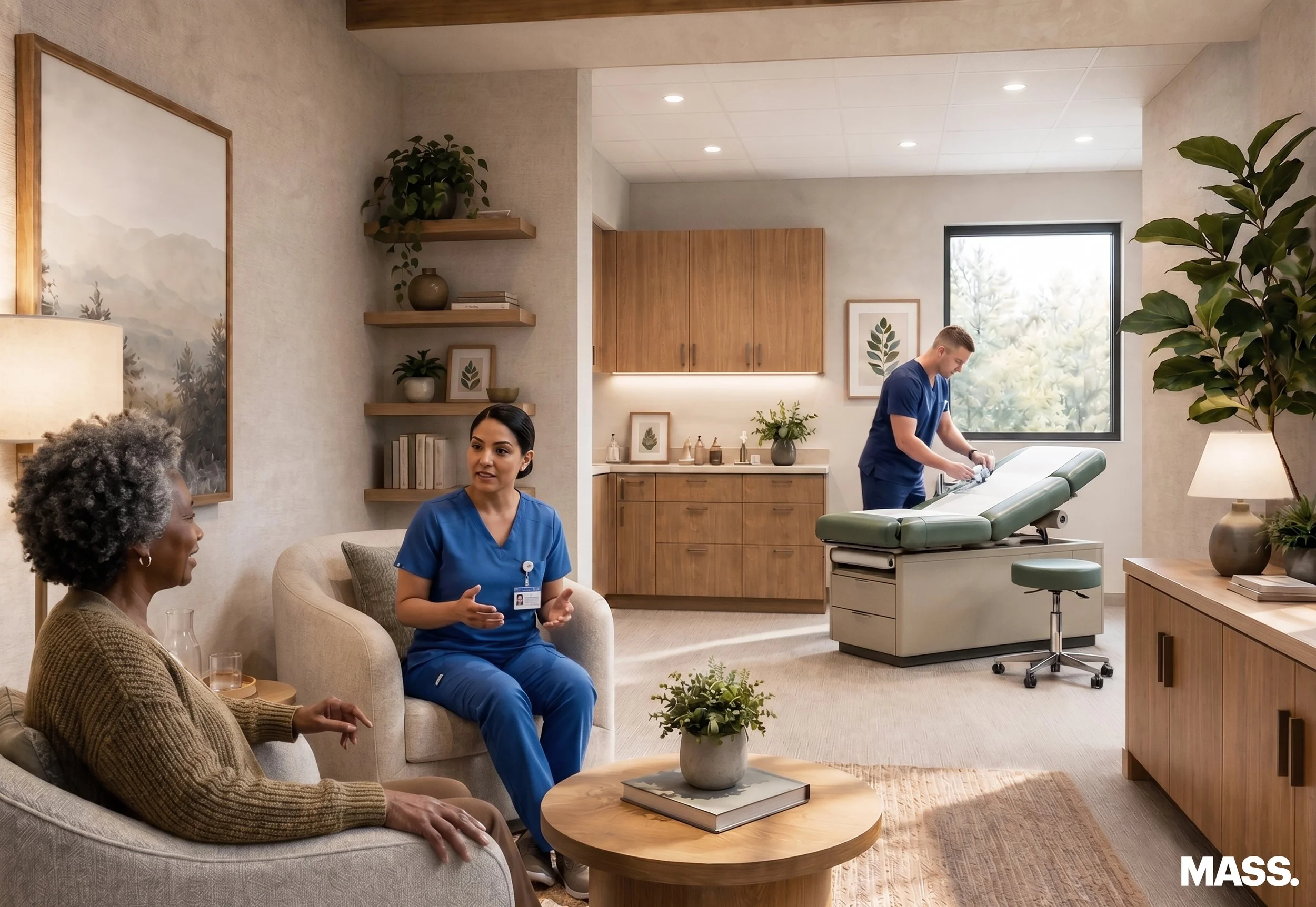 Medical professionals having a discussion in a well-lit, modern medical office with wooden cabinets, green plants, framed botanical art, and a patient examining table.