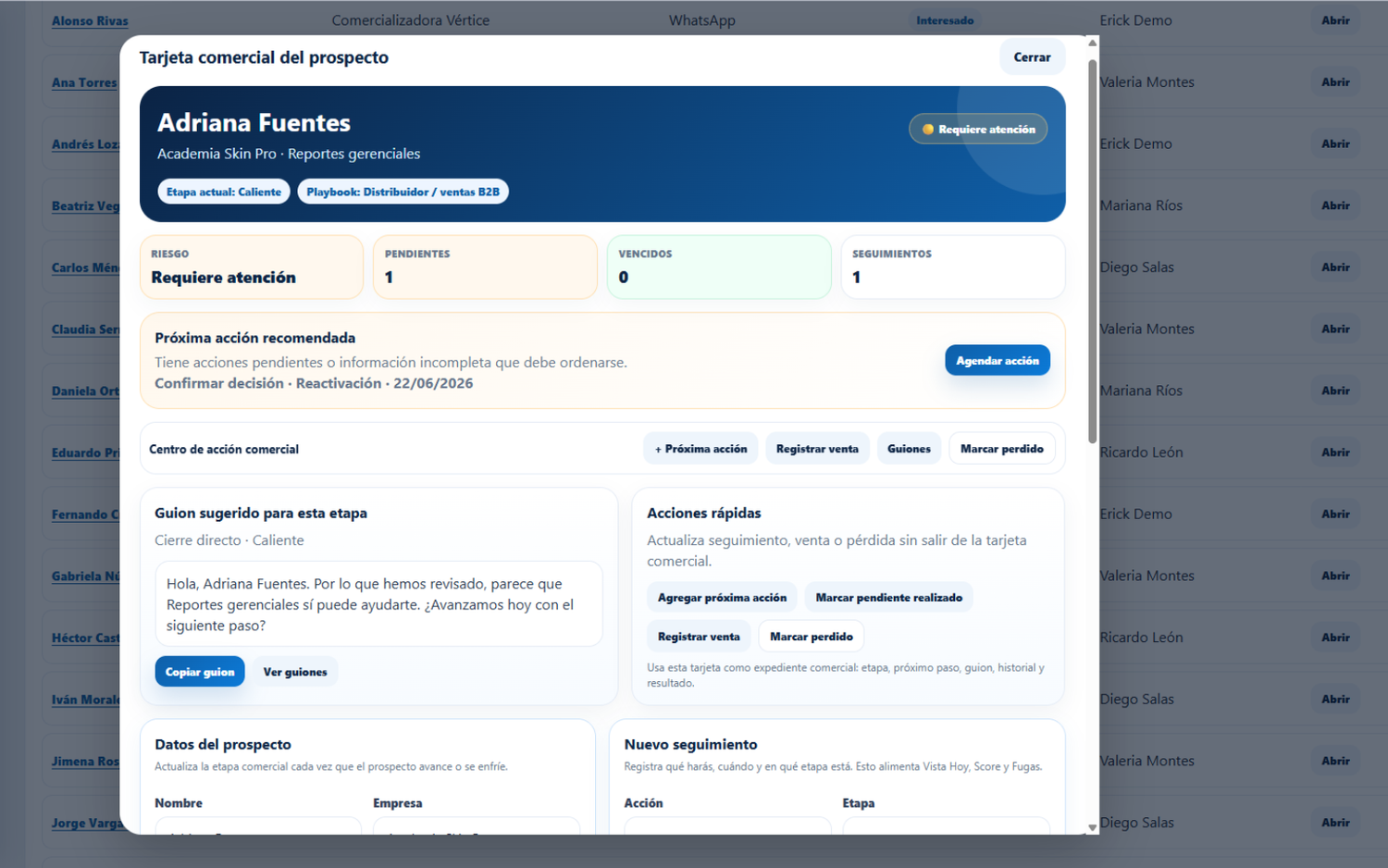 Tarjeta Comercial del Prospecto con guion de seguimiento