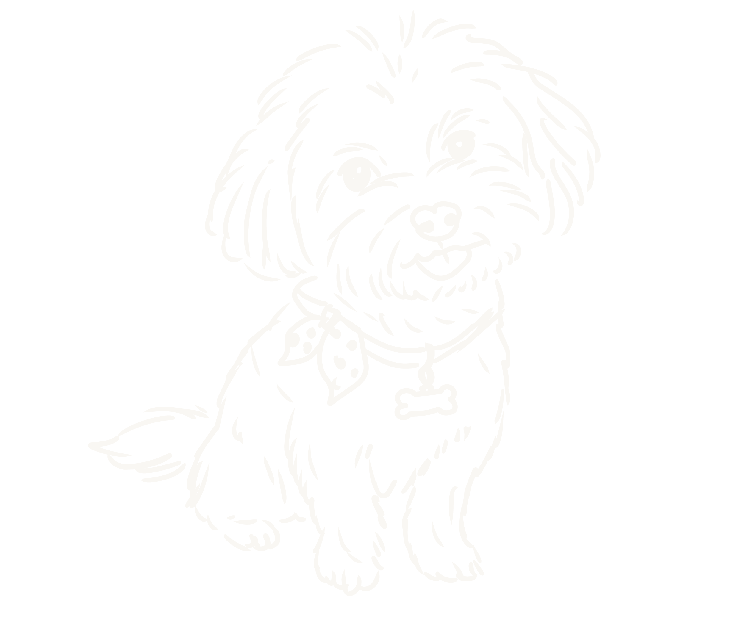 A black and white outline drawing of a happy dog with a bow on its collar, facing forward.