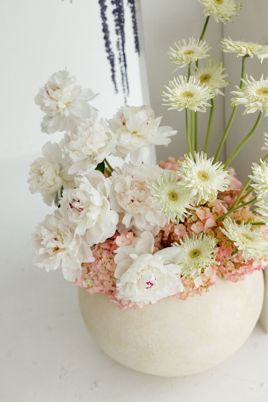 A white vase filled with white peonies, cream-colored daisy-like flowers, and pink hydrangeas.