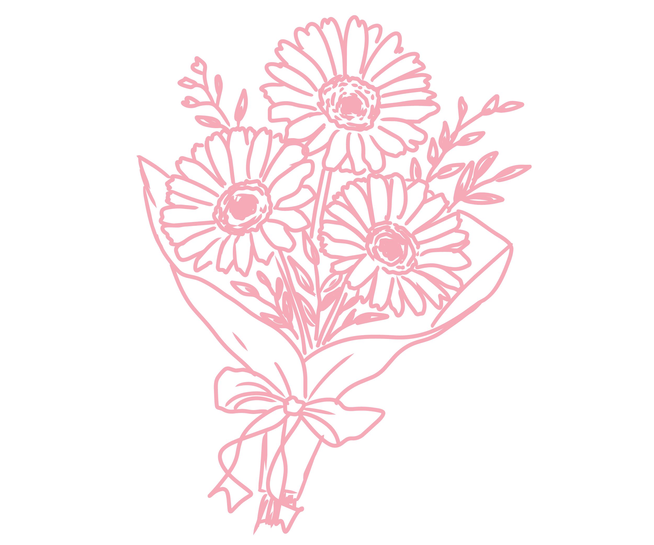 Outline drawing of a bouquet of flowers with multiple blooms and leaves, in pink on a black background.