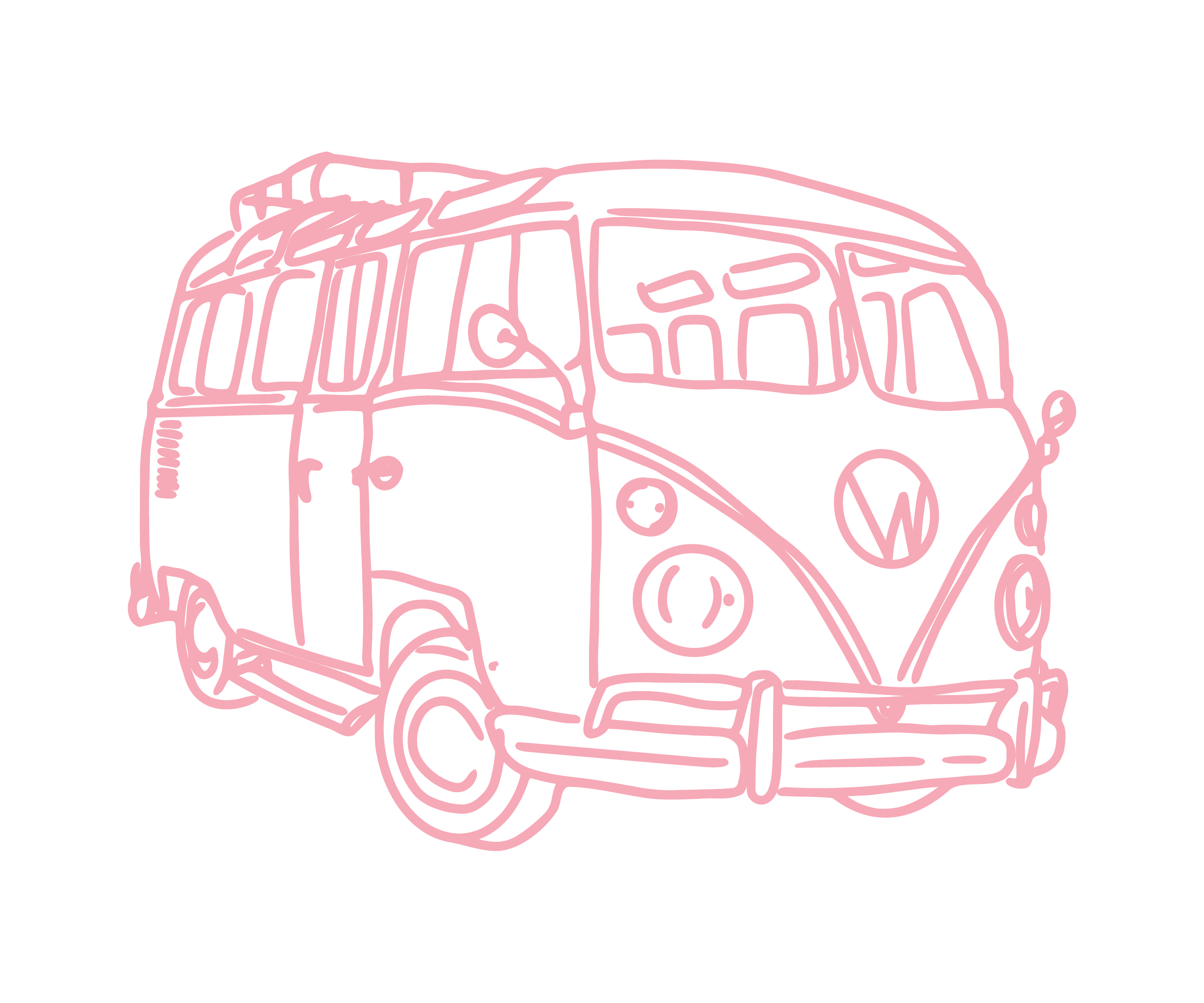 Pink neon line drawing of a classic Volkswagen van on a black background.