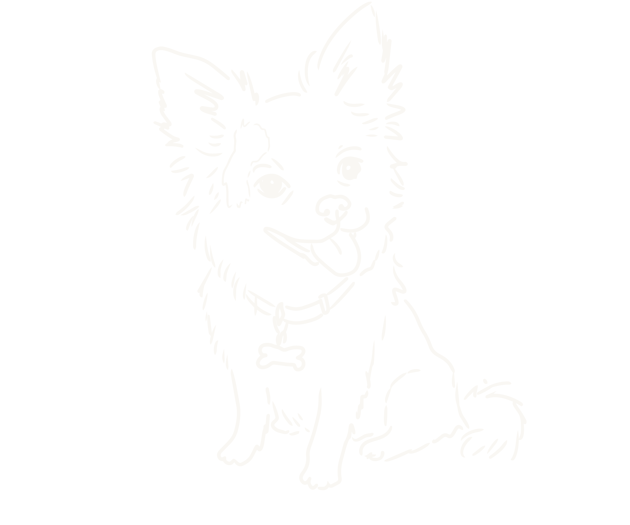 Line drawing of a happy dog with a collar, licking its nose, on a black background.