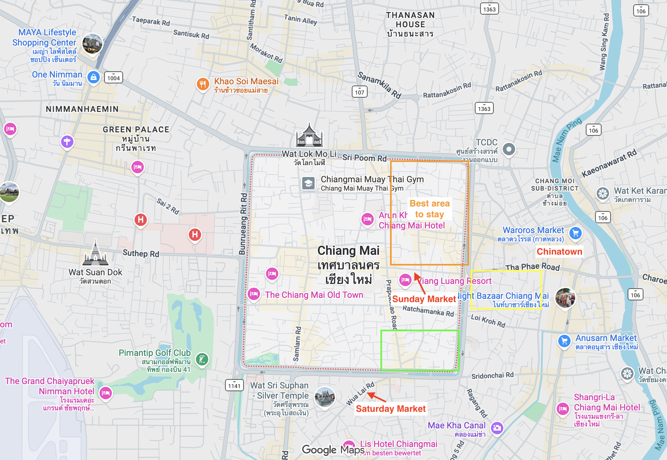 A Map from Chiang Mai Old Town and other places