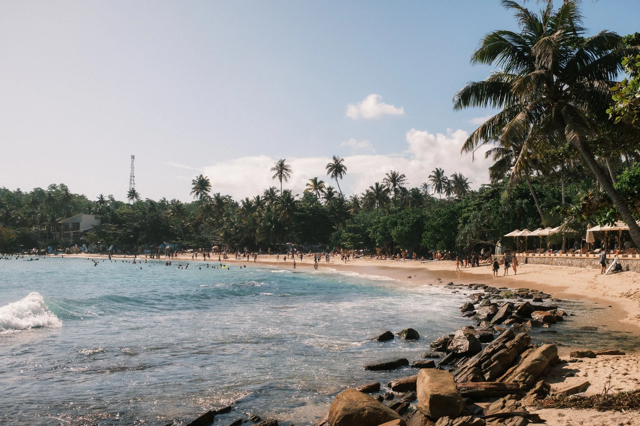 Hiriketiya Beach in Sri Lanka surrounded by palm trees on a sunny day