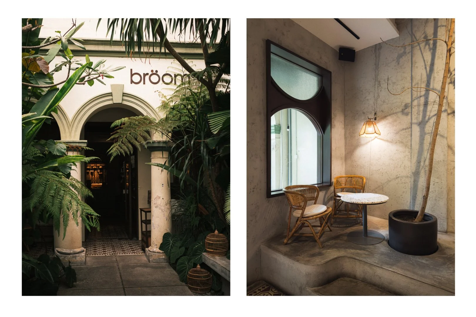 This image shows a coffee from inside and outside with chairs and lush greens in Kuala Lumpur