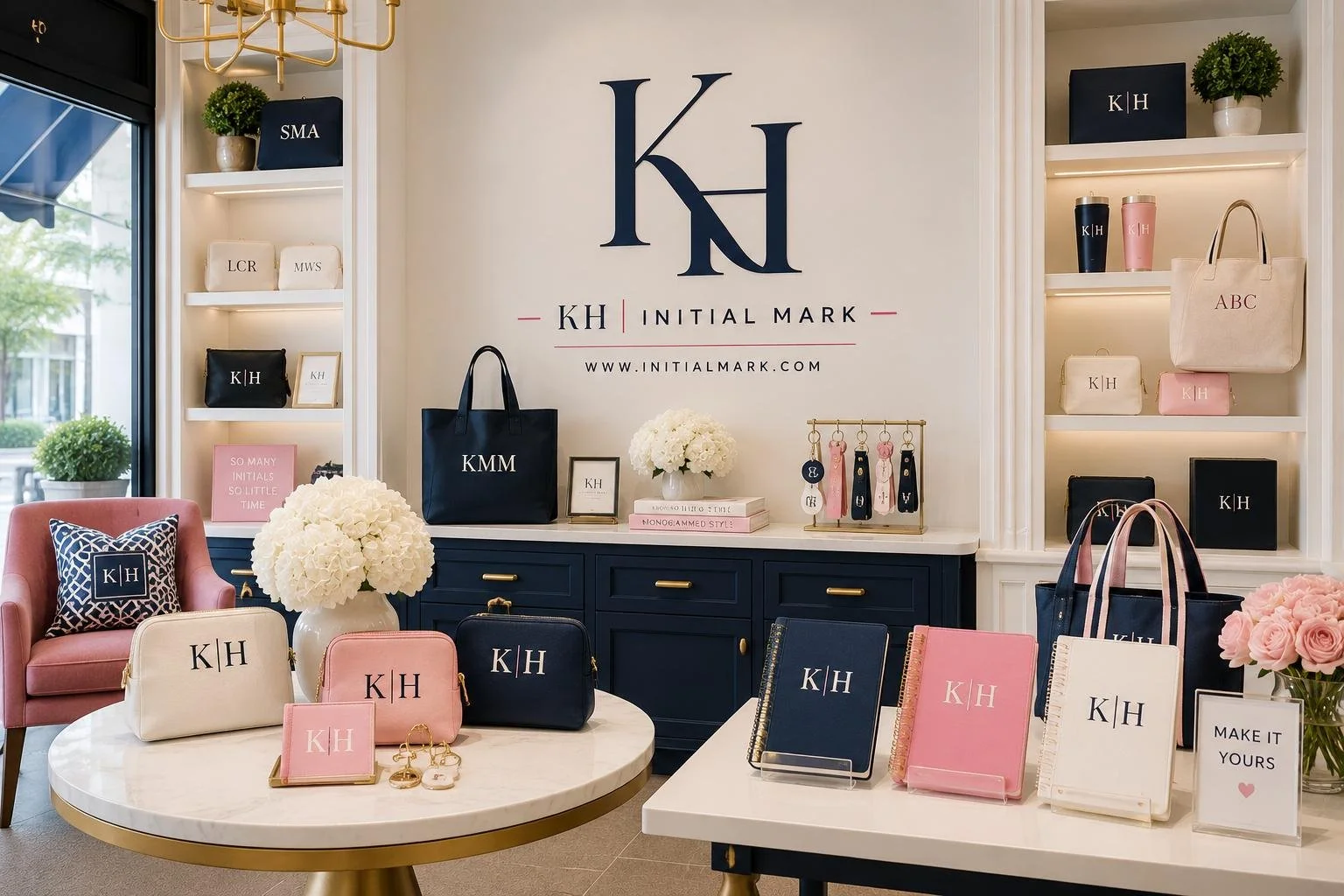 Display of notebooks, handbags, and accessories in a boutique store with a large logo on the wall and shelves with monogrammed items.