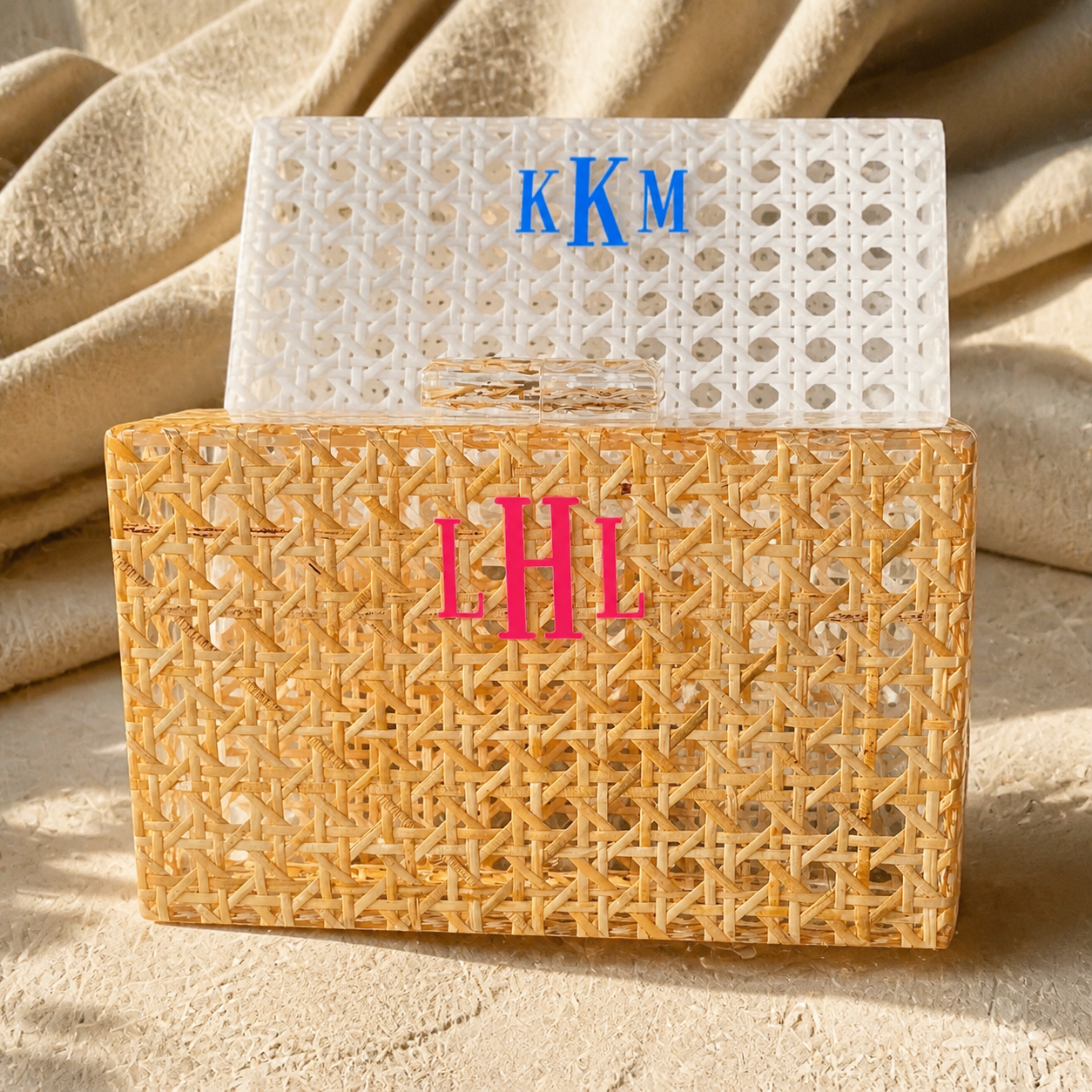 Monogram Acrylic Cane Raffia Rattan Clutch Handbag