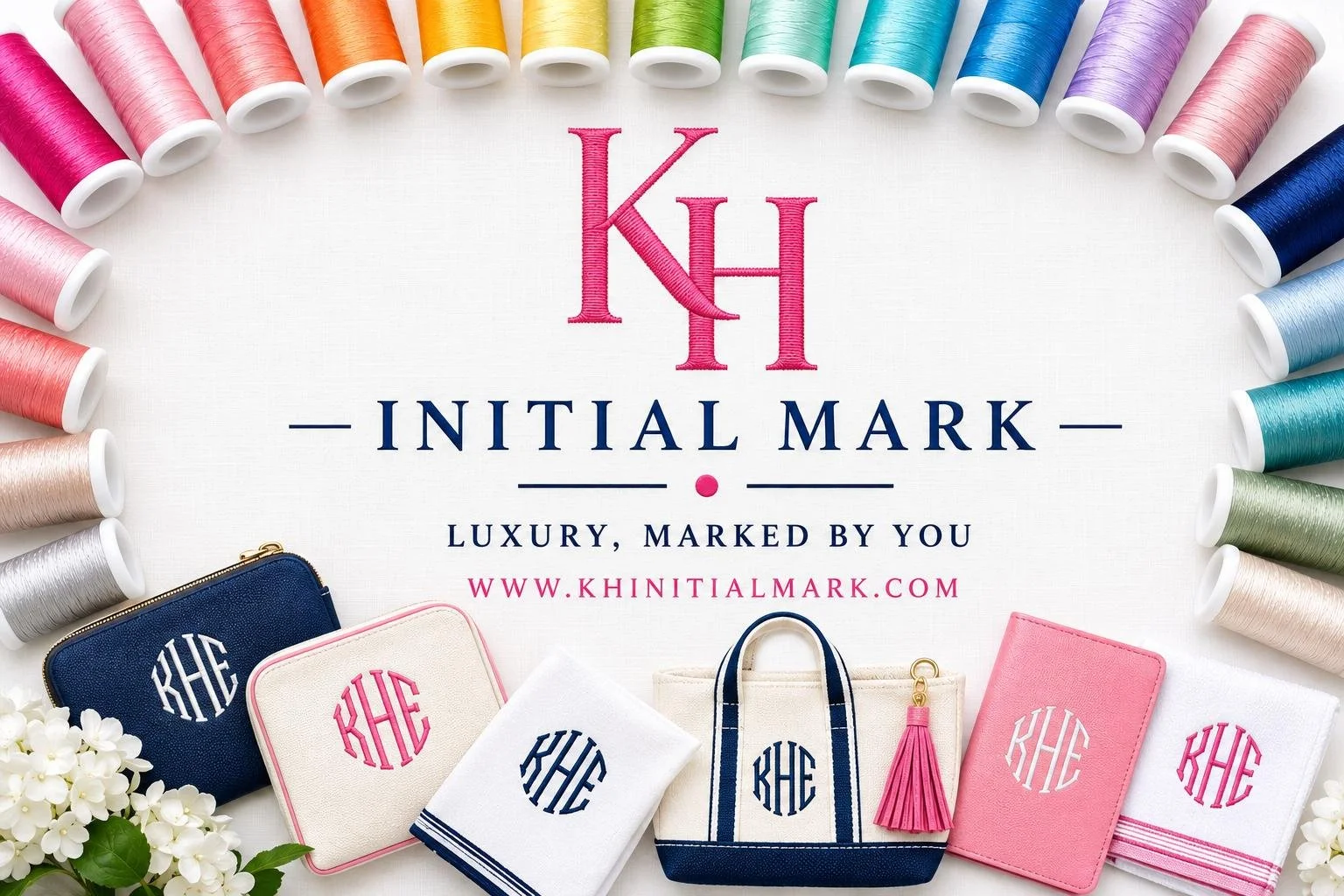 Display of embroidered initial monograms and embroidered accessories such as pouches, bags, and towels surrounded by colorful thread spools in pastel shades.