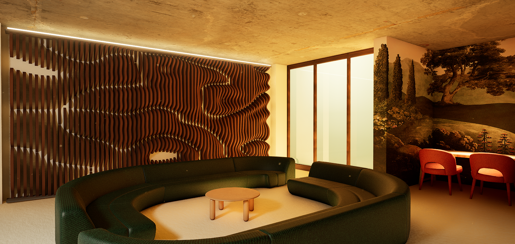 The rest area, curved seating beneath a timber wave wall and a painted natural mural