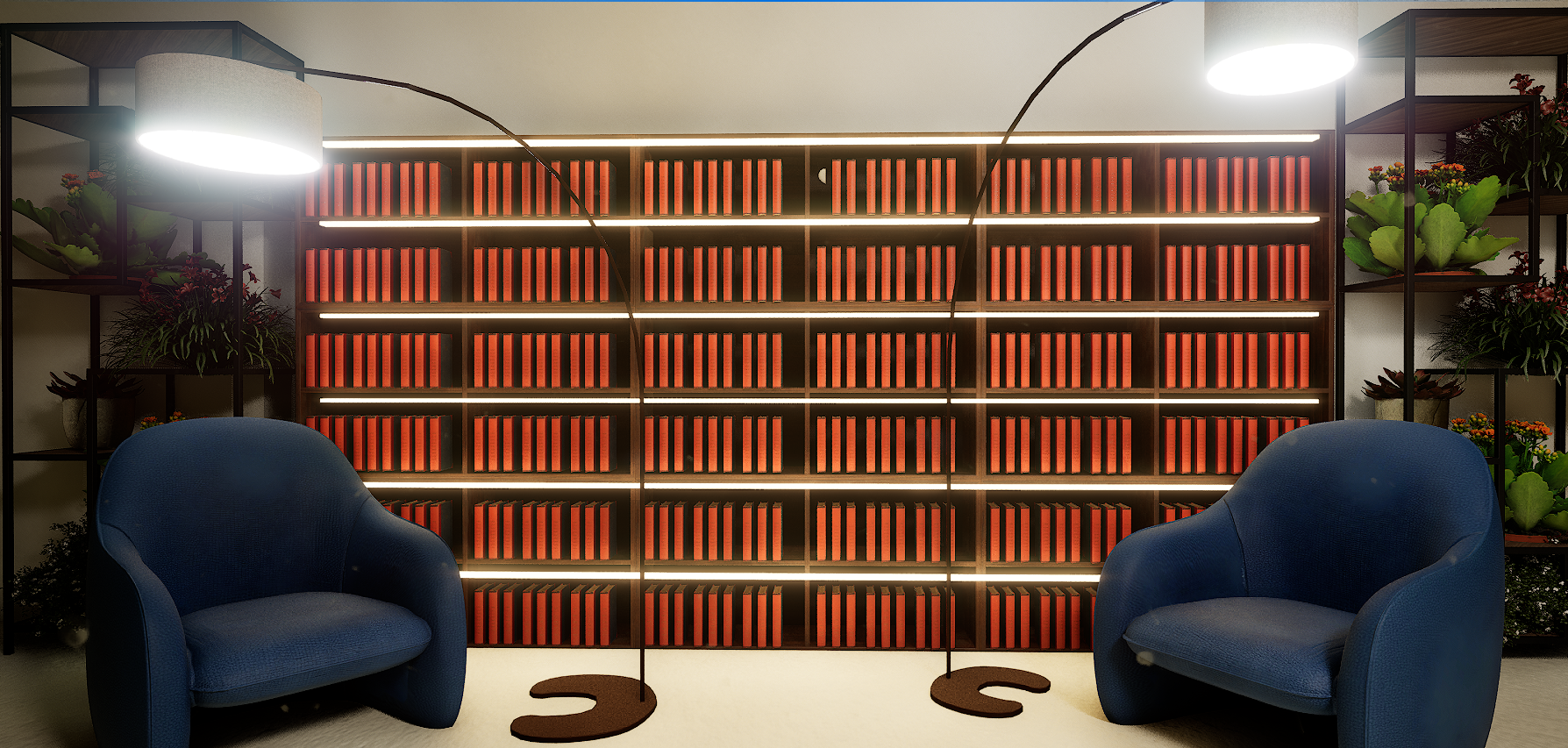 Reading nook, warm backlit shelving