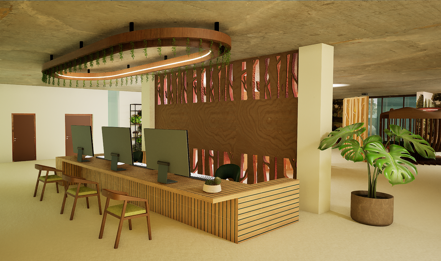 Help desks beneath the hanging plant light