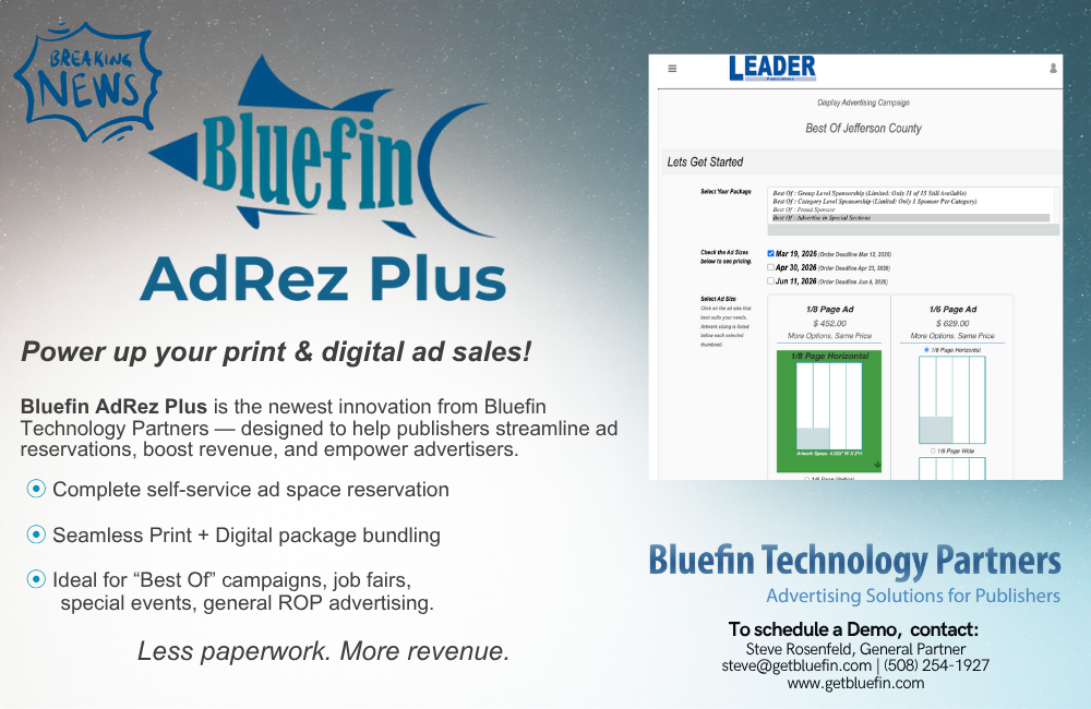 Advertisement for Bluefin AdRez Plus, a digital and print ad sales platform. Includes features like self-service ad space reservation, digital print bundling, and suitability for campaigns and events. Displays a sample ad layout and contact information for Bluefin Technology Partners.