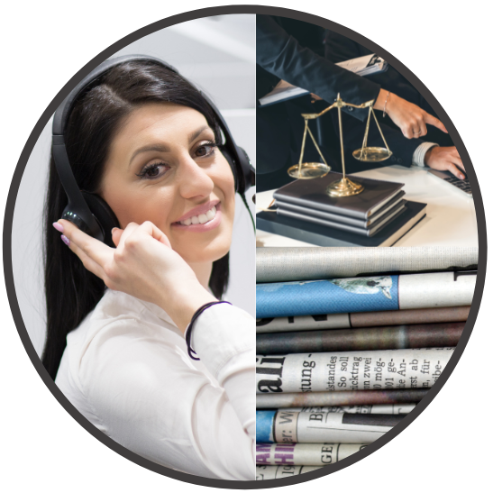 Half of a smiling woman with a headset, and half of a lawyer's desk with legal scales, files, and newspapers.
