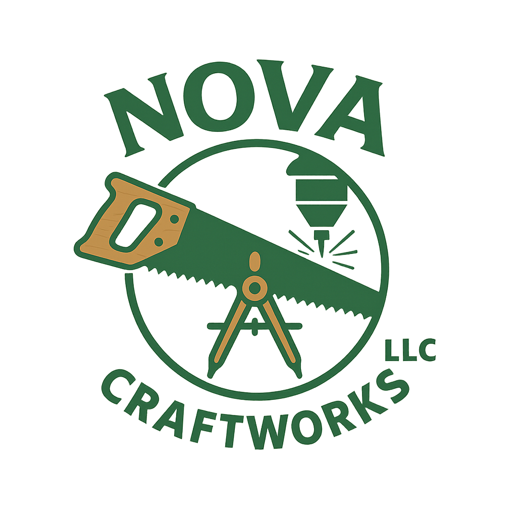 Logo for Nova Craftworks LLC featuring a saw, a compass, and a woodworker drill.
