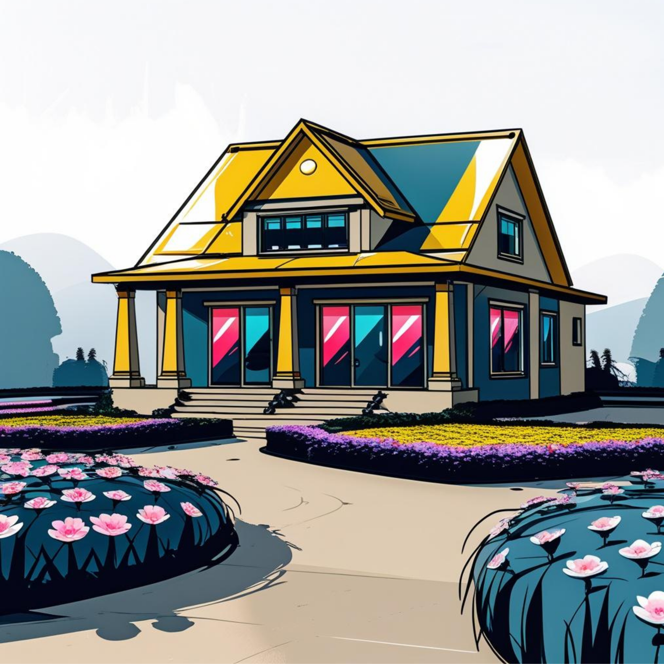 A colorful illustration of a yellow house with a steep roof, balcony, and front steps, surrounded by a garden.