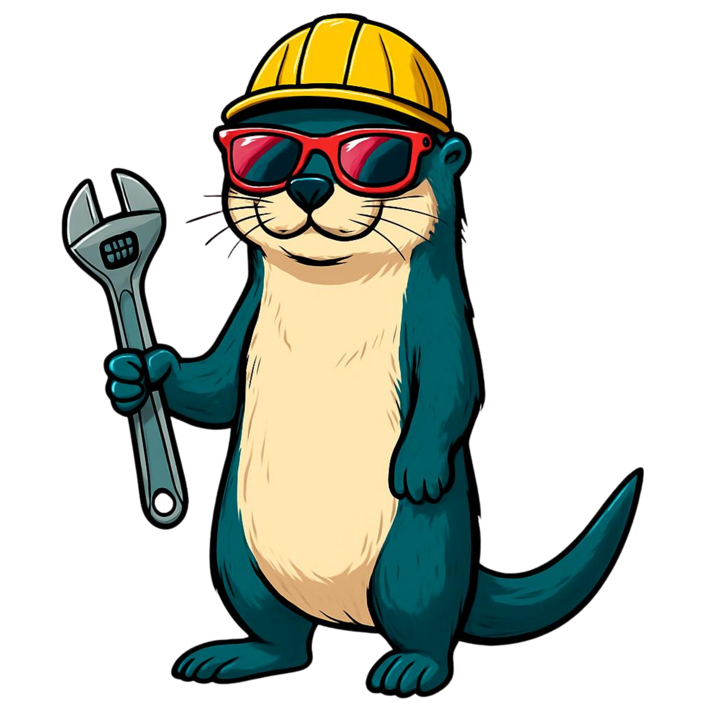 A cool cartoon otter wearing a yellow hard hat and red sunglasses, holding a wrench, ready to fix something.