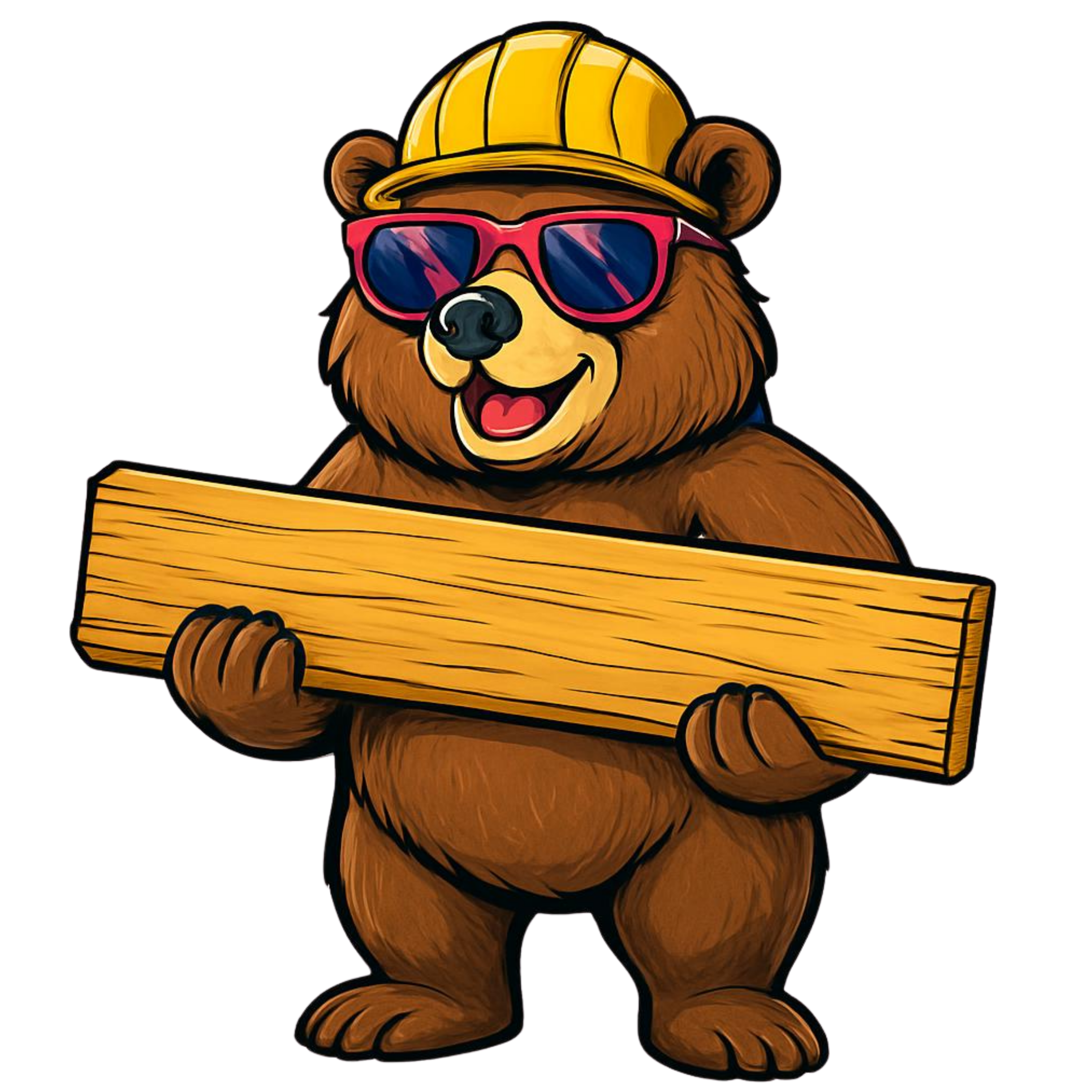 A cartoon bear wearing a yellow hard hat and pink sunglasses, standing behind a board.