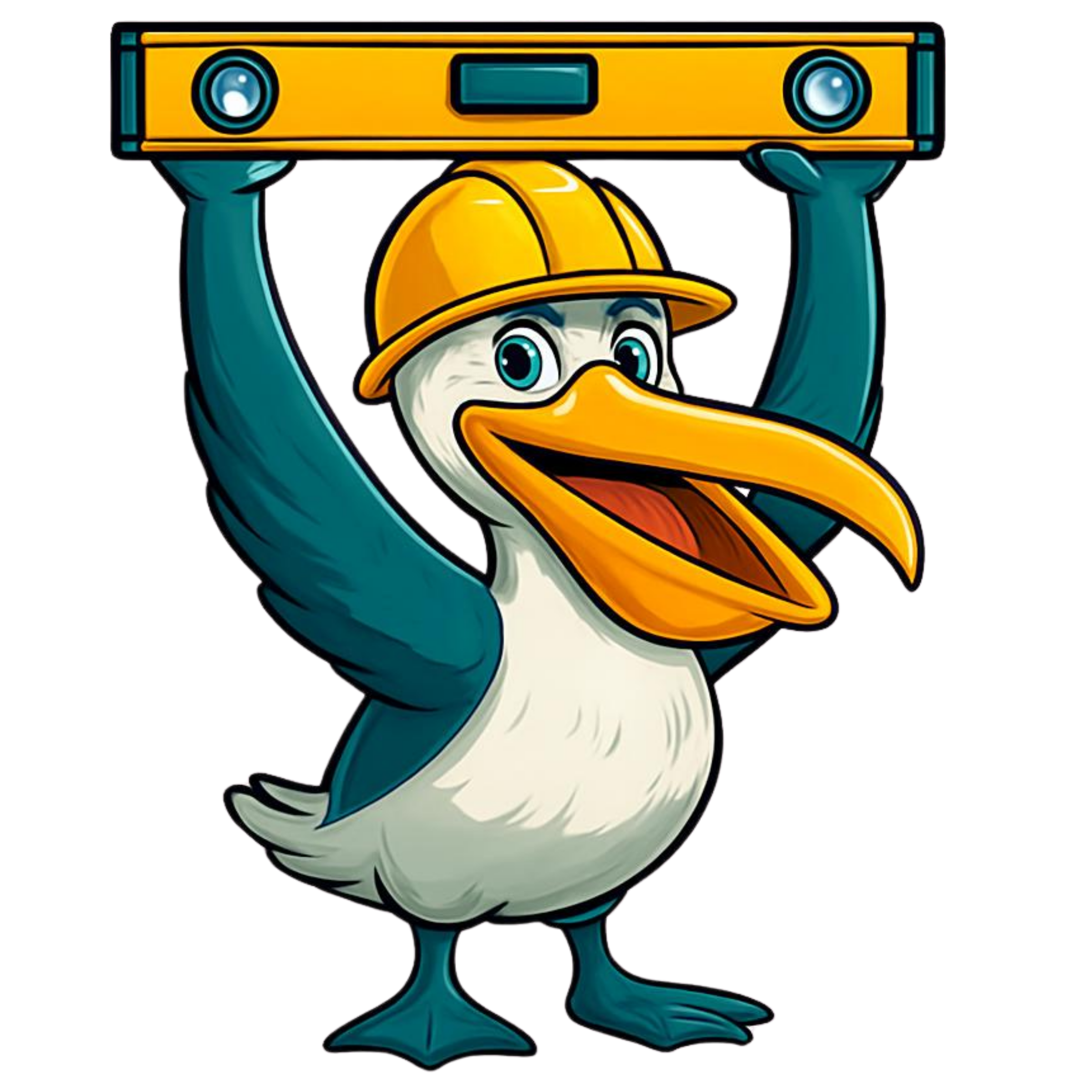 Cartoon of a bird with a hard hat holding a yellow level tool overhead.