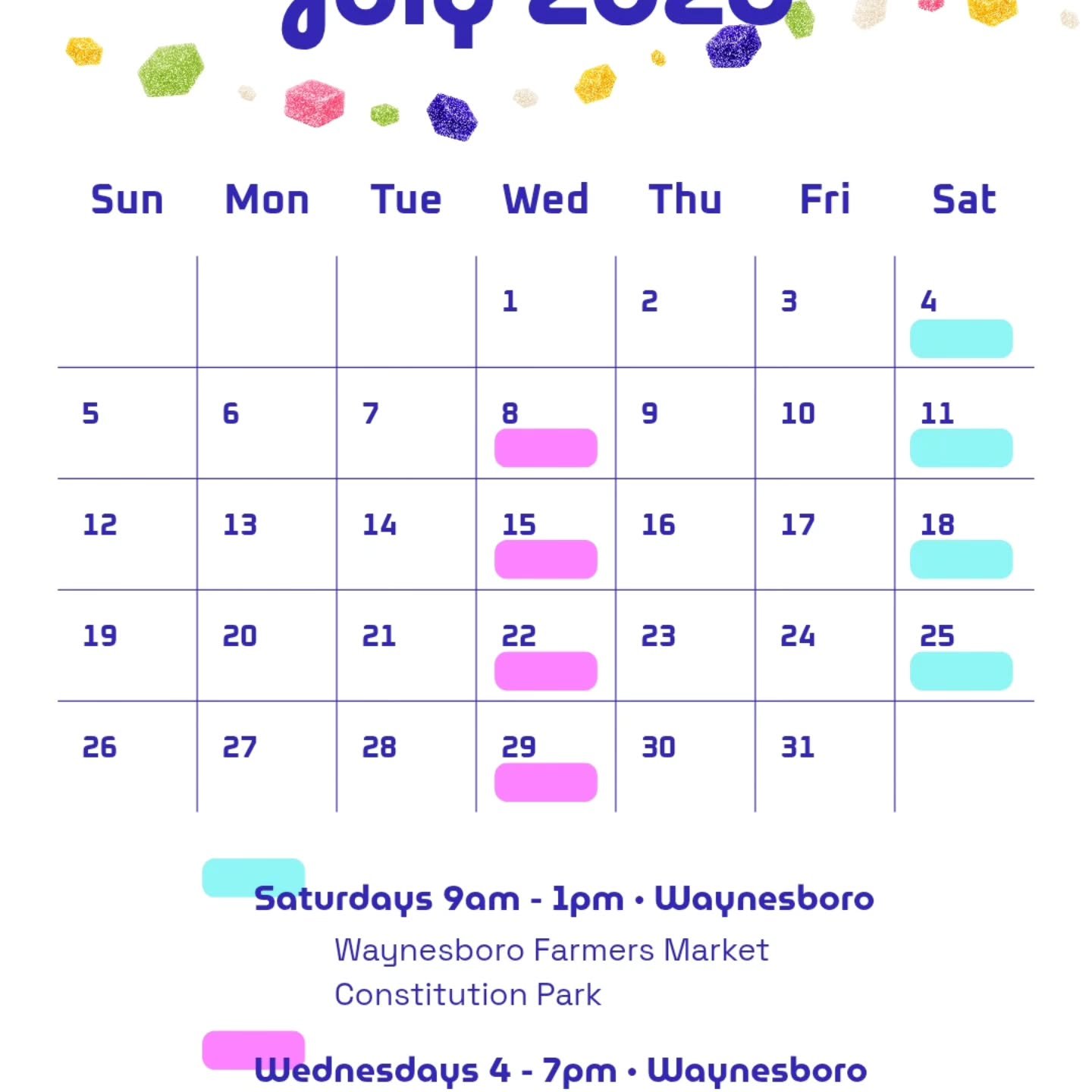Come see us in July! New confections and flavors every week 🍬

*NEW* Wednesdays July - Sept we will be at the Craft Sublime Harvest Market at The Foundry! Can't wait to see you there!
