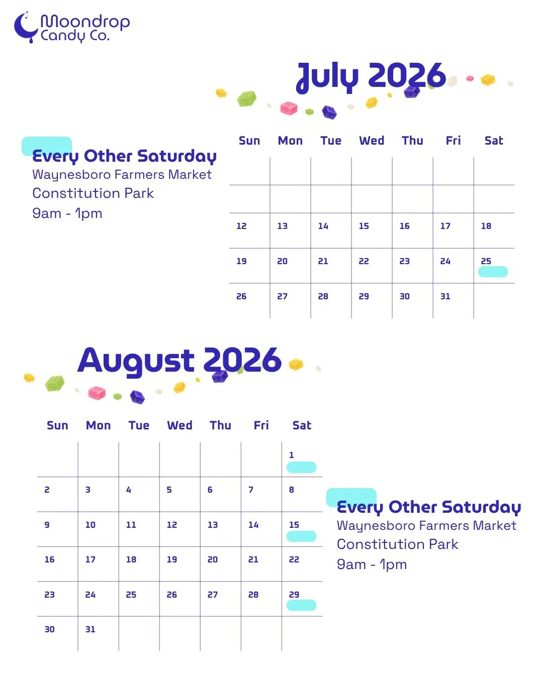 JULY 25 Blackberry Days @waynesborofarmersmarket 

New confections!
🤍 Blackberry Honeycomb Candy w/White Chocolate Dip
☁️ Blackberry Marshmallow

And a great selections of our greatest hits
🧡 Caramels
💎 Fruit Gems
🧊 Cold Drinks

[** note - we wil