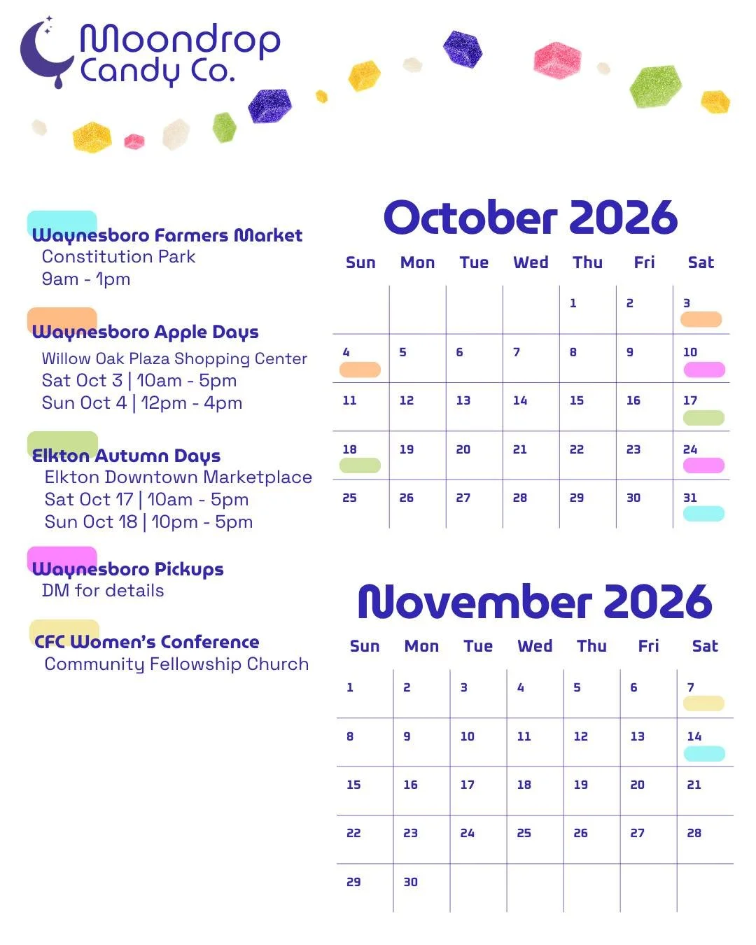 Lots of fun events coming up for October! So excited to make everyone's day a little sweeter this fall 🤗