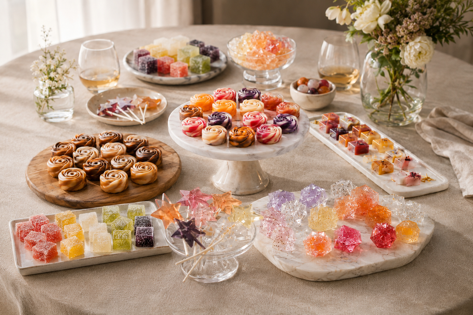 Decorative table spread with colorful desserts including jelly candies, rose-shaped soaps, star-shaped candies, and sugar cubes, with vases of flowers and glasses of wine.