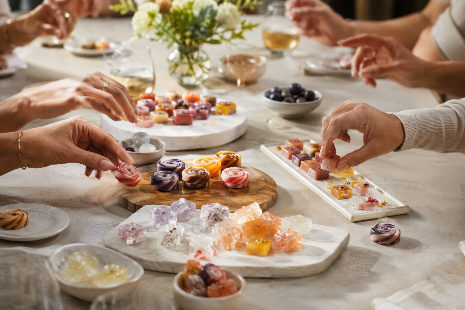 People gathered around a table sharing various colorful soaps, some being placed on a tray while others are displayed on a marble board and small bowls.