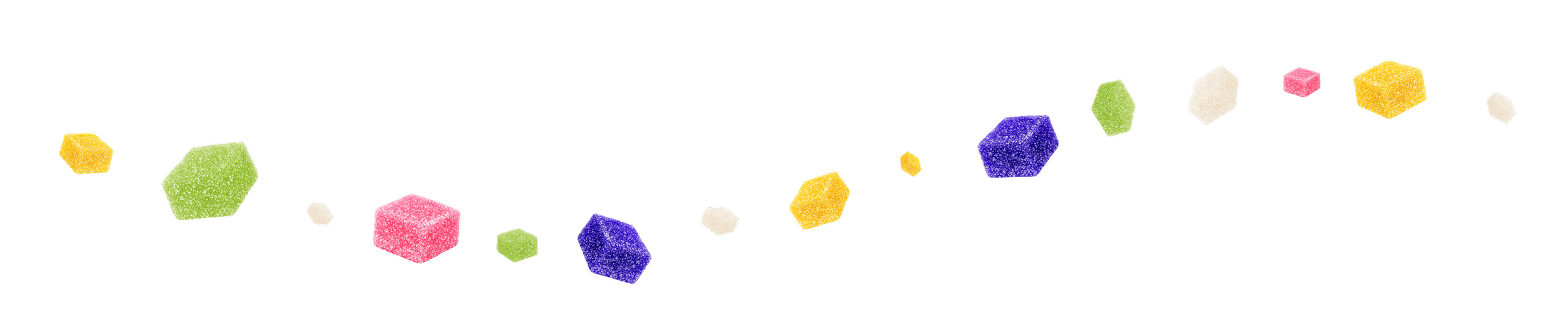 Colorful sugar cubes, including pink, green, blue, yellow, and white, scattered along a black background with purple geometric shapes.