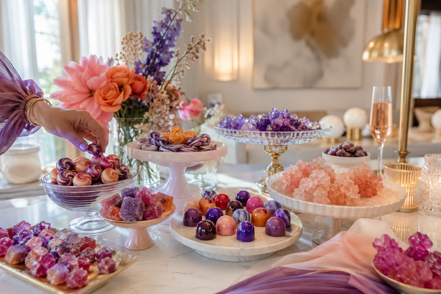 A table decorated with various colorful candies and sweets, including purple, orange, pink, and yellow confections in glass and ceramic dishes, with a bouquet of flowers in the background.