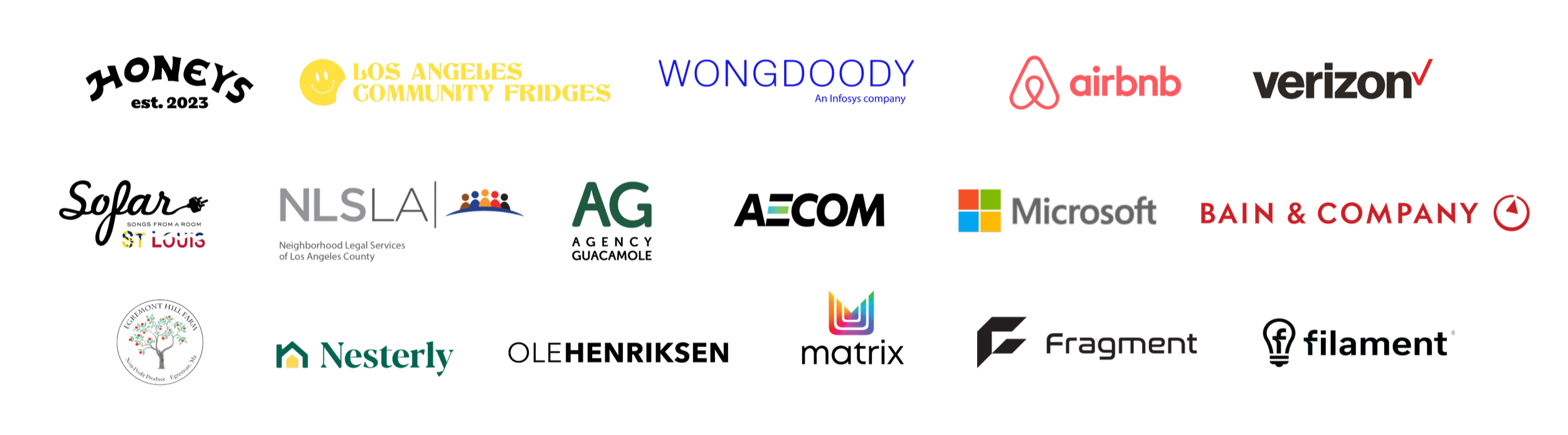 A collection of various logos and brand names, including Los Angeles Community Fridges, WONGDOODY, Airbnb, Verizon, NLSA, AG, Microsoft, Pain & Company, Saint Louis, Neighborhood Legal Services of Los Angeles County, Nesterly, Fragrant, and others.