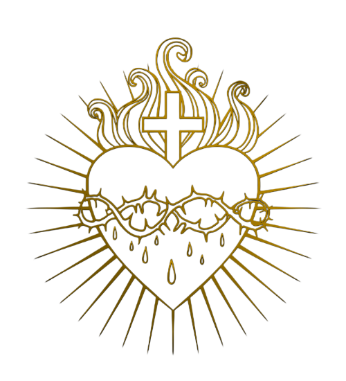 A stylized heart with a cross, flames, and sunglasses, surrounded by radiant lines on a black background.