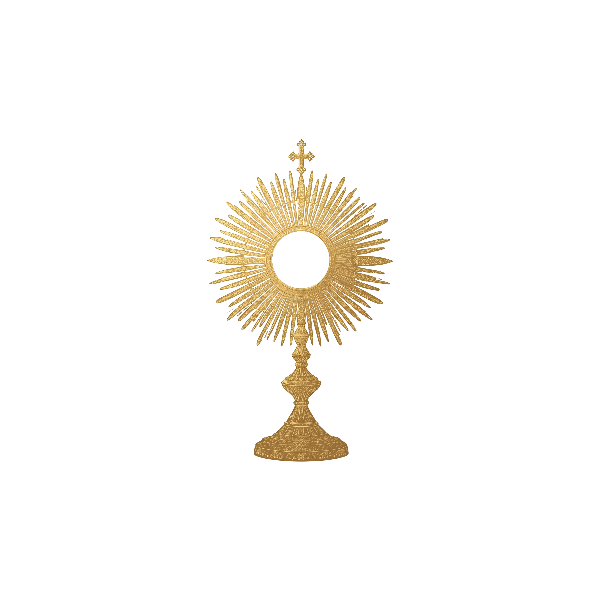 Religious monstrance with a cross on top, ornate gold design, floral motifs, and a circular window for displaying the Eucharist.