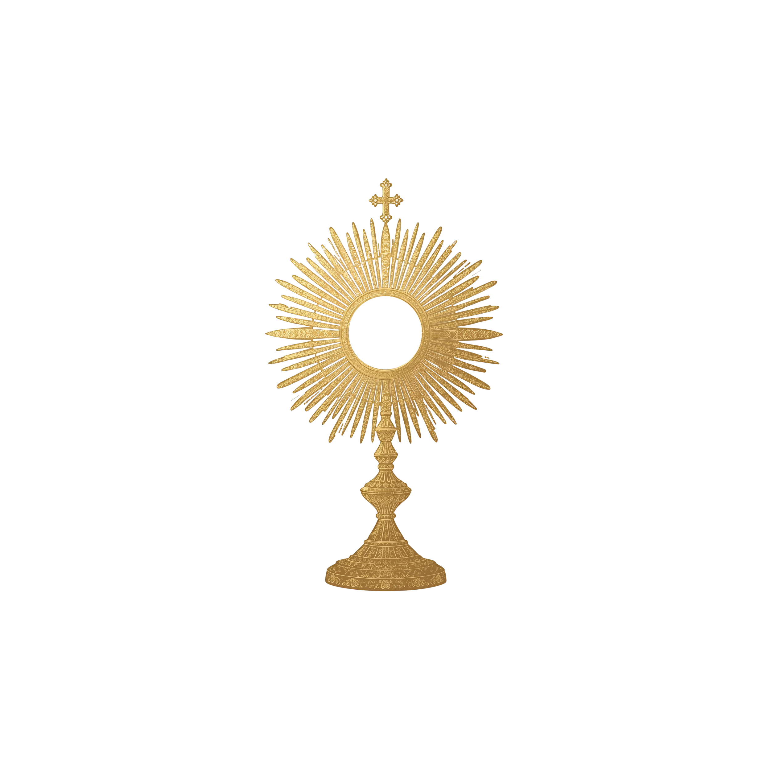 Religious monstrance with a cross on top, ornate gold design, floral motifs, and a circular window for displaying the Eucharist.