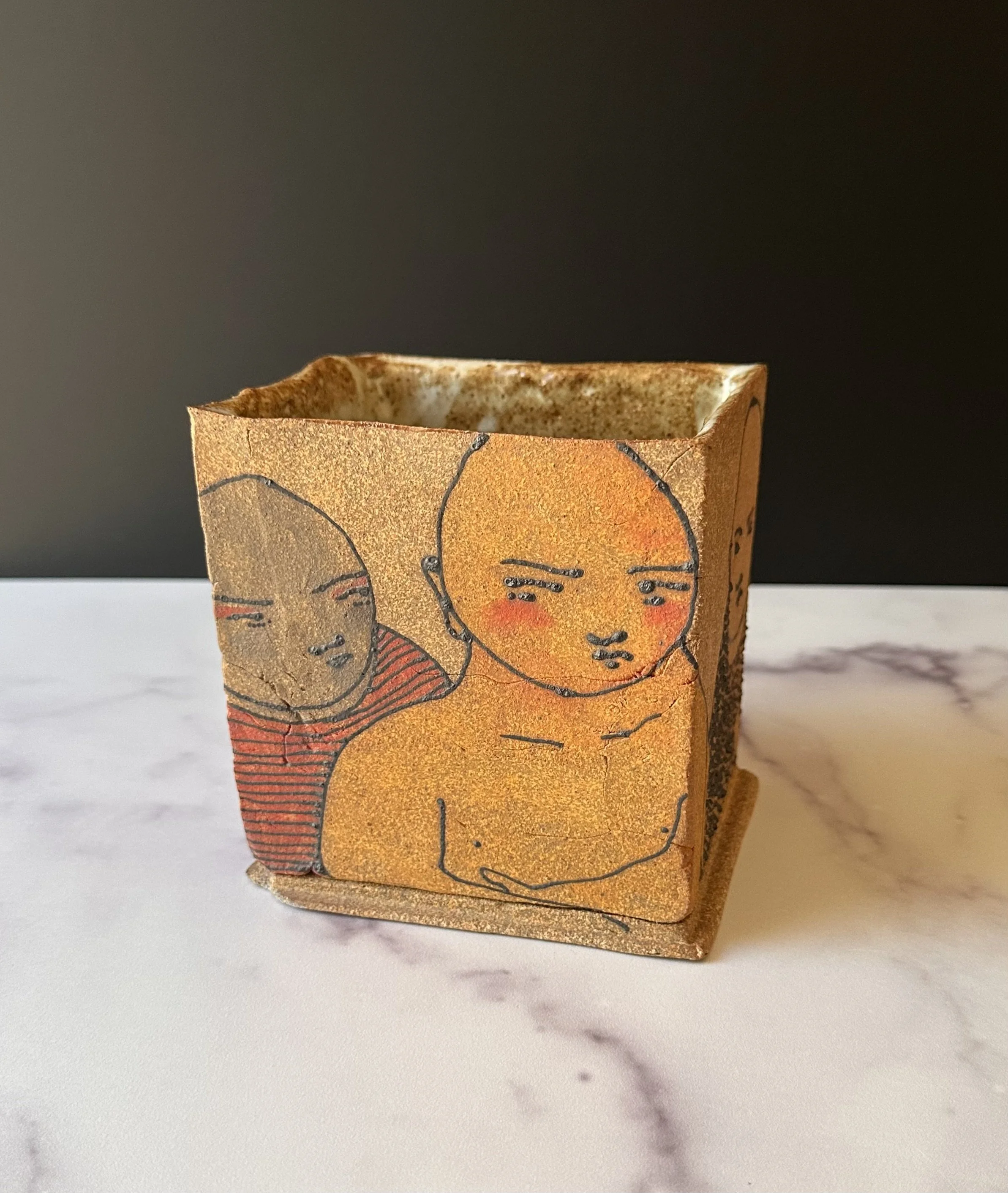 Stoneware Planter Box with Line-Drawn Figures