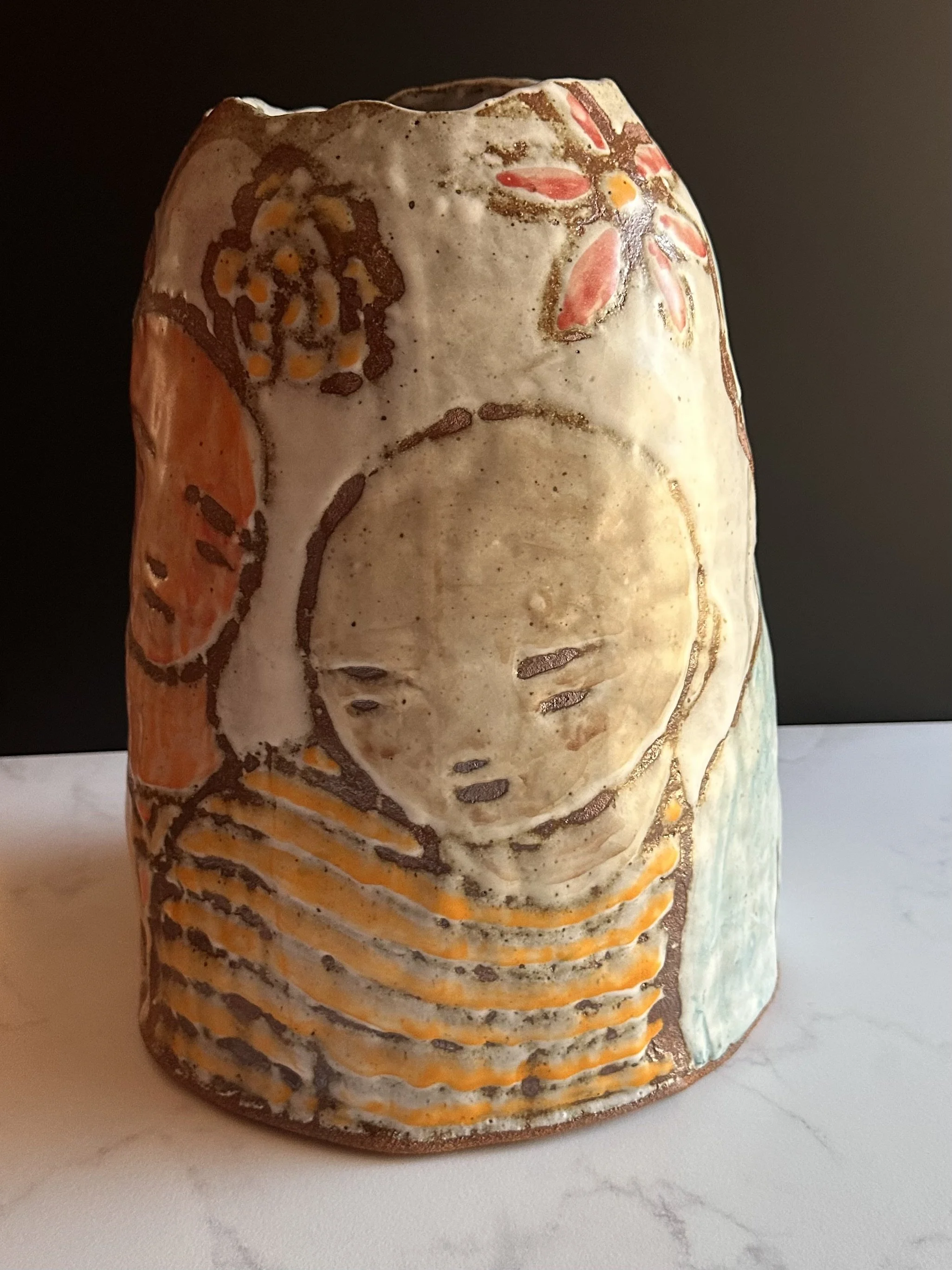 Large Artisan Handbuilt Stoneware Vase with Painted Figures