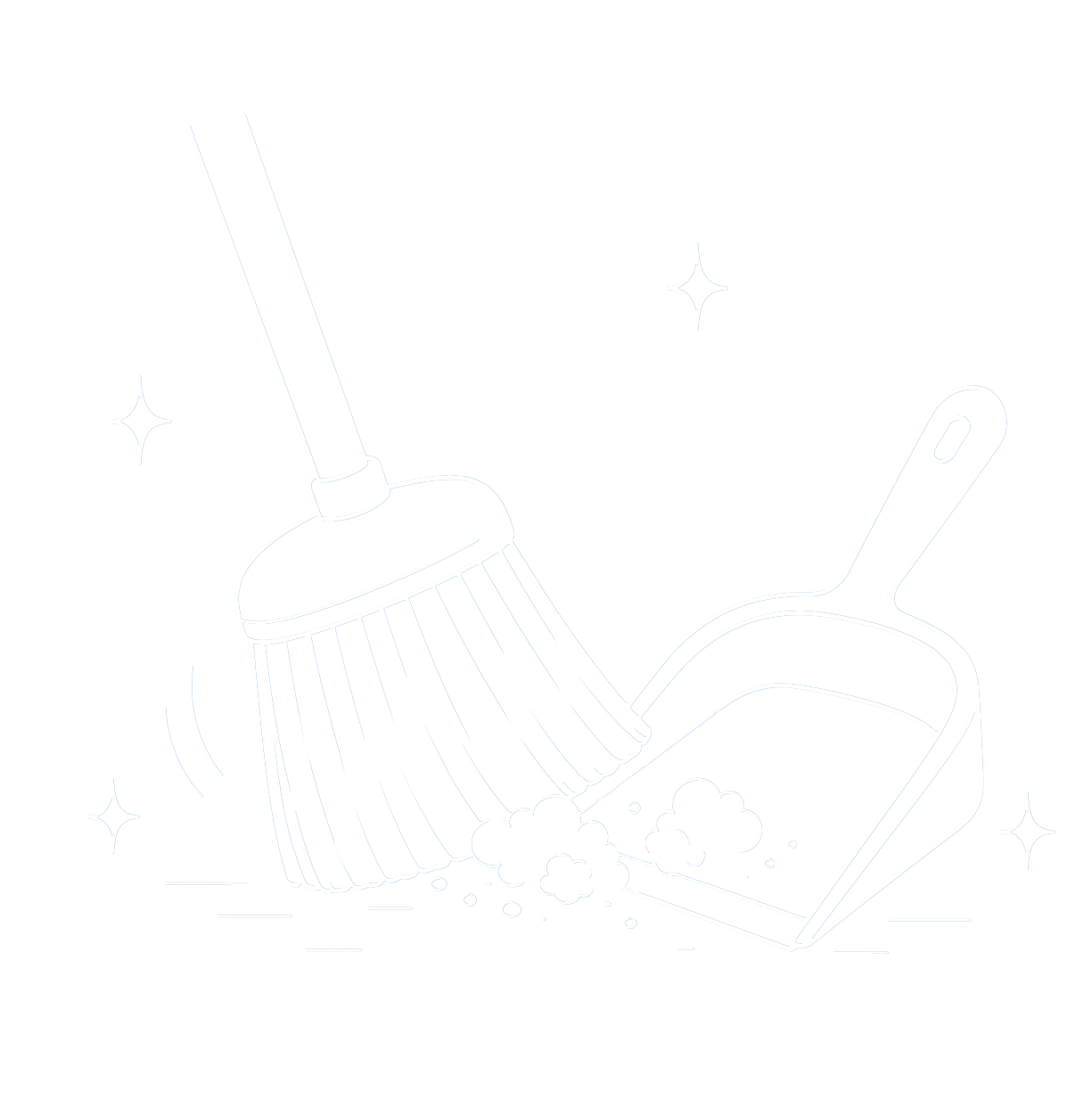 Line drawing of a broom sweeping dust into a dustpan.