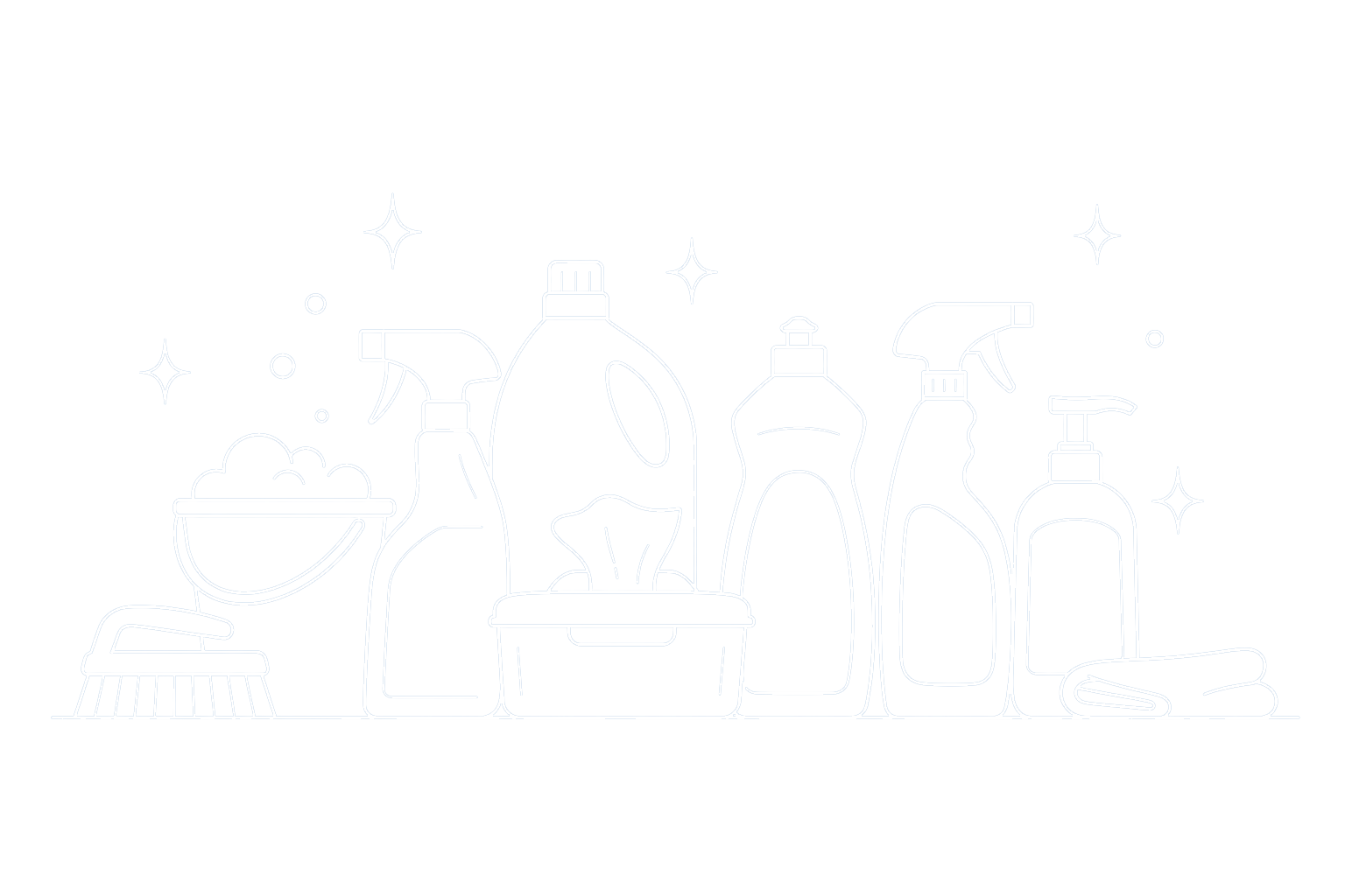 Line drawing of cleaning supplies on a surface, including spray bottles, a soap pump, a scrub brush, a bowl with foam, and folded towels, with sparkles around them.