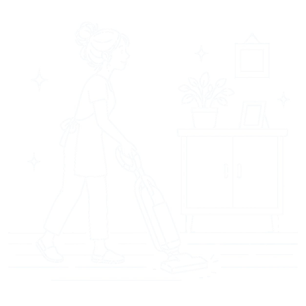 Line drawing of a woman vacuuming a room with a vacuum cleaner, standing next to a cabinet with a potted plant and picture frames, on a black background with white outline details.