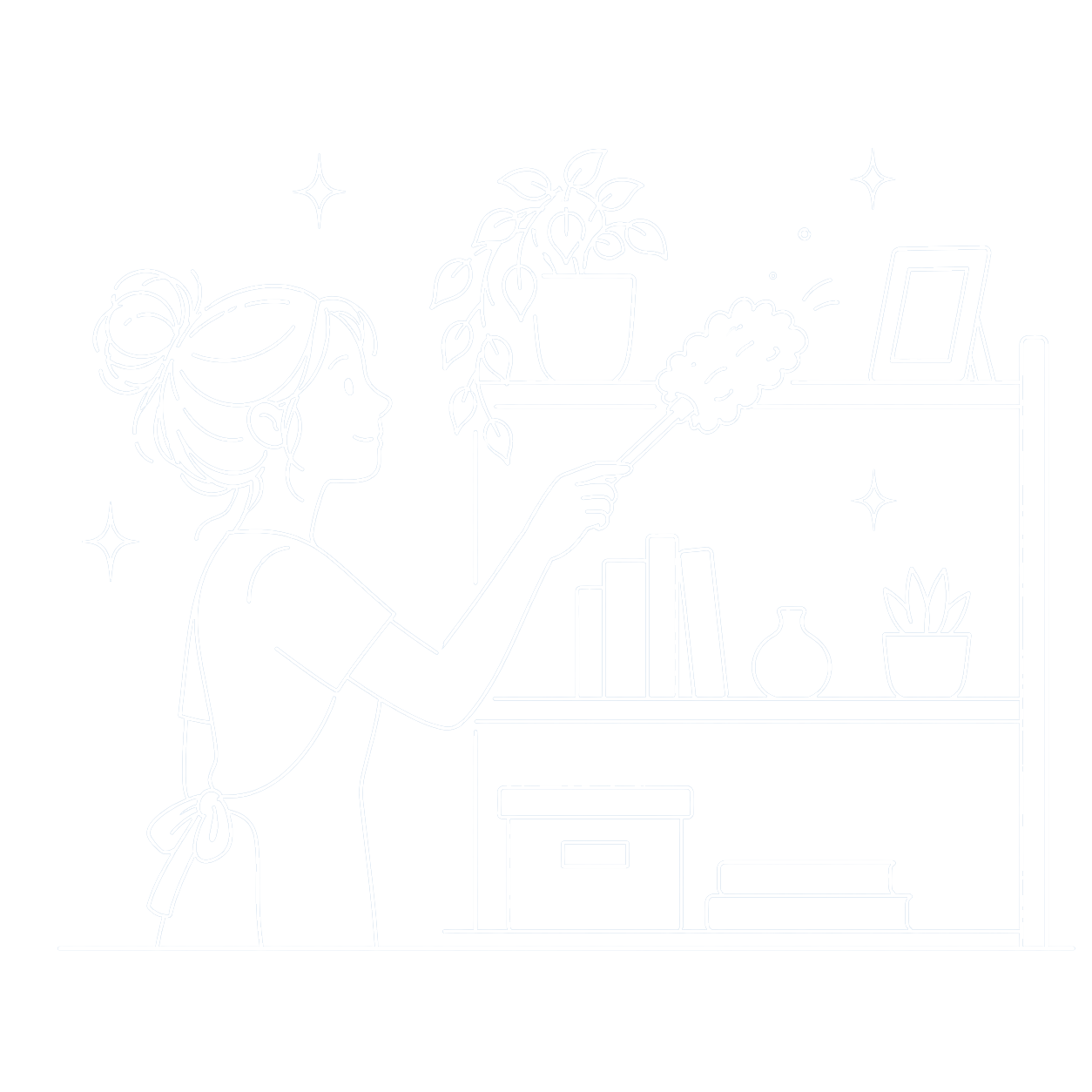 Line drawing of a woman in an apron cleaning a bookshelf with a duster in a cozy room. The bookshelf holds potted plants, books, a small vase, a picture frame, and some storage boxes.