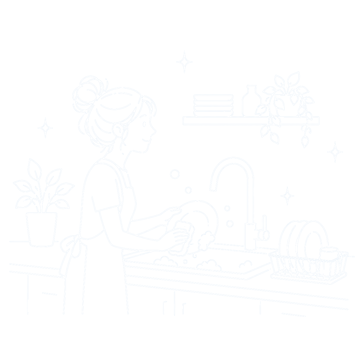 Line drawing of a woman washing dishes at a kitchen sink with potted plants, dishes, and bottles around her, on a dark background with stars.