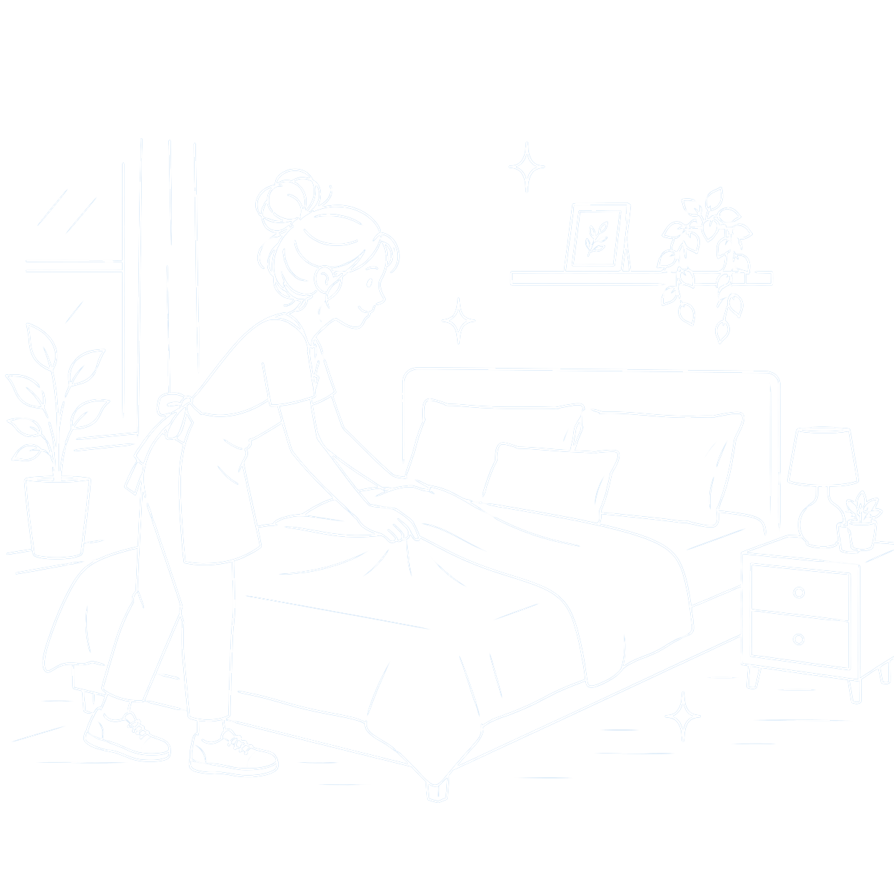 Line drawing of a woman making a bed in a bedroom with houseplants, a framed picture, a nightstand with a lamp and small plant, and a window, all depicted with minimalistic white lines on a black background.