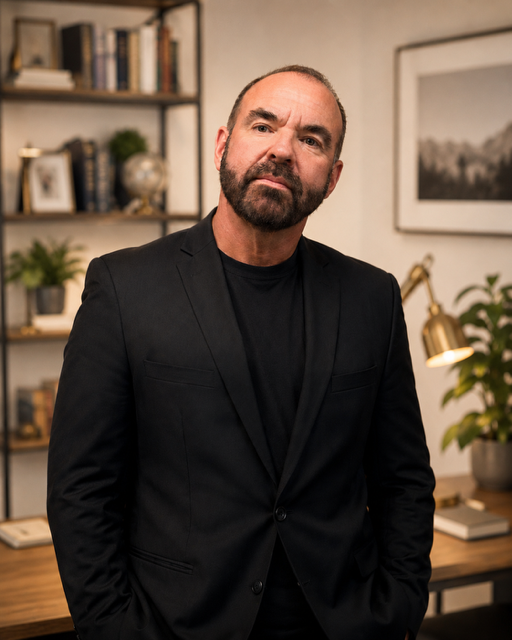 A middle-aged man with a beard, wearing a dark blazer and shirt, standing in a well-decorated home office with bookshelves, plants, and framed art.