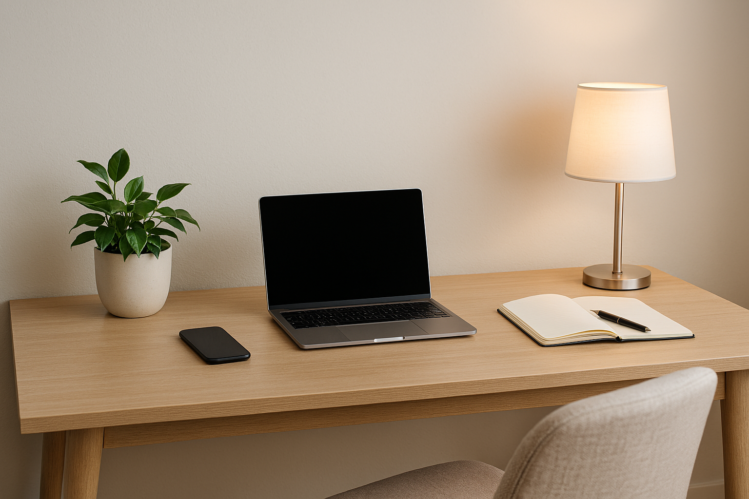 A tidy wooden desk with a potted green plant, a closed black smartphone, a laptop with a black screen, an open notebook with a pen on it, and a table lamp on a beige wall background.