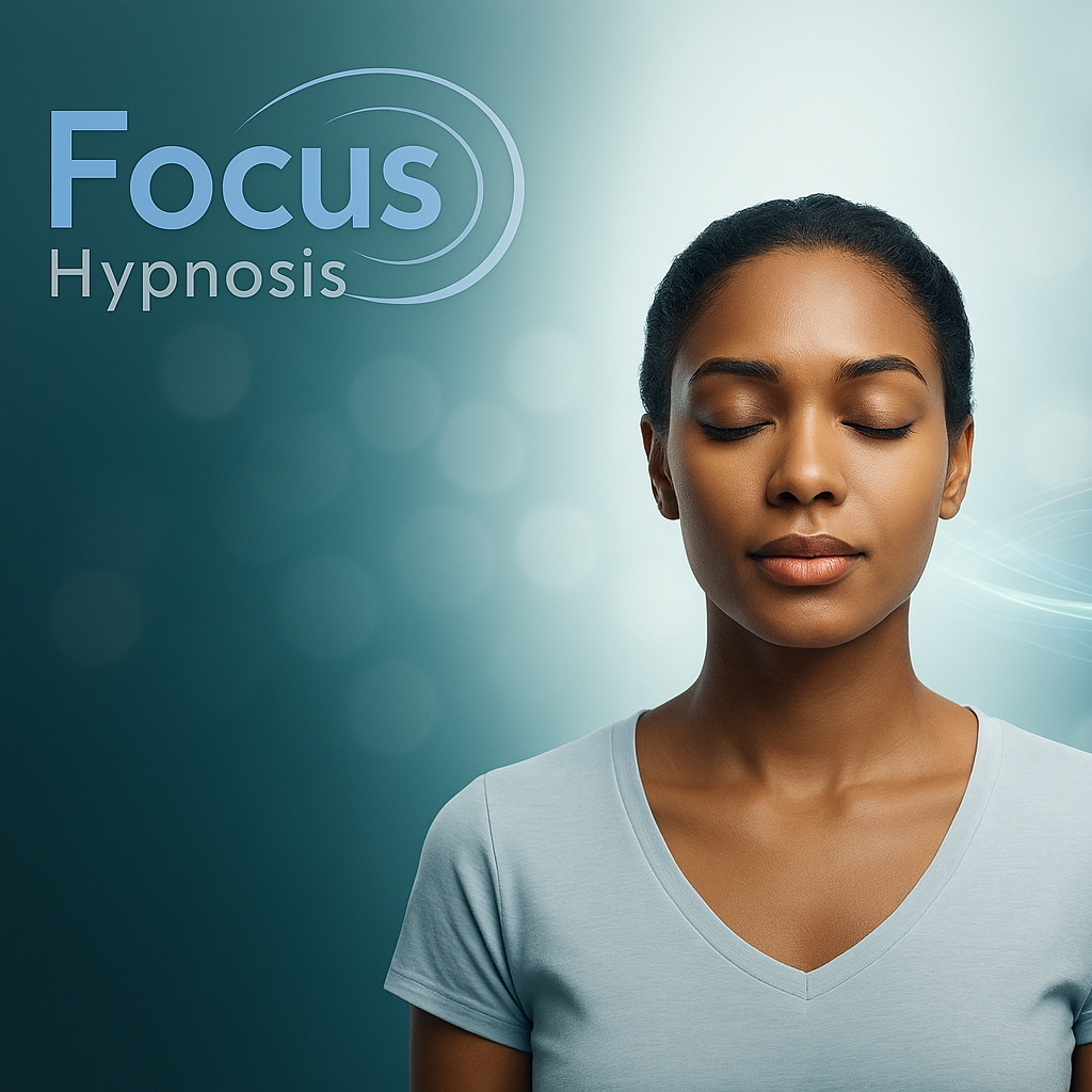 A woman with closed eyes practicing meditation or hypnosis, with the words 'Focus' and 'Hypnosis' in the background.