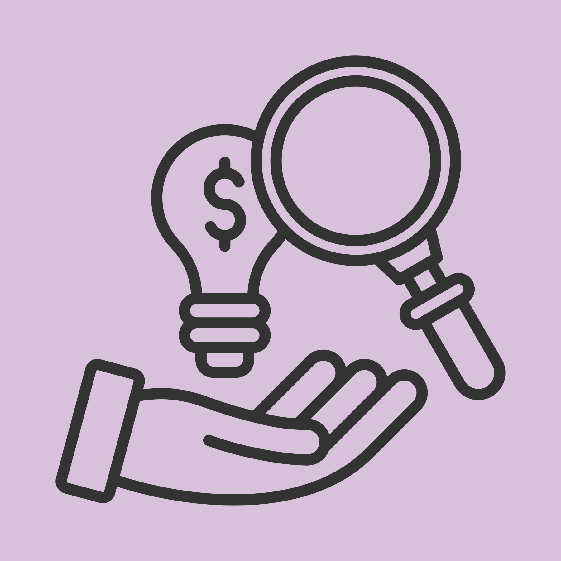Line drawing of a hand holding a magnifying glass with a light bulb and dollar sign, symbolizing ideas and financial analysis, on a purple background.