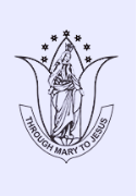 Religious emblem featuring the Virgin Mary surrounded by stars with a banner that reads 'Through Mary to Jesus'.