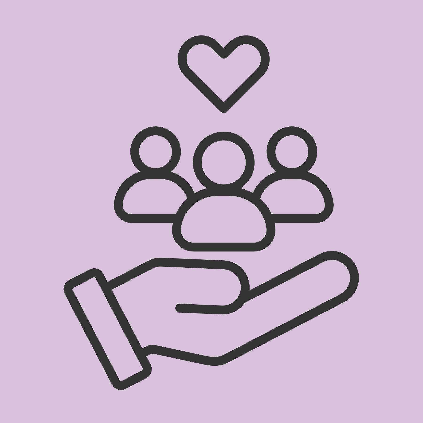 Line drawing of a hand holding a group of people with a heart symbol above them, set against a purple background.
